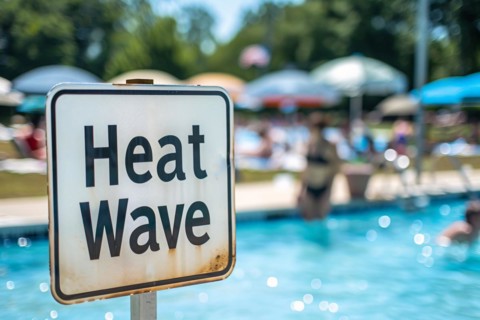 Sign with text 'Heat wave' in front of blurry public swimming pool with people. KI generiert,