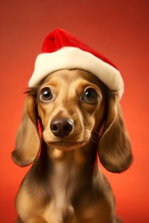 Cute brown Dachshund dog with Christmas santa hat on red background. KI generiert, generiert, AI