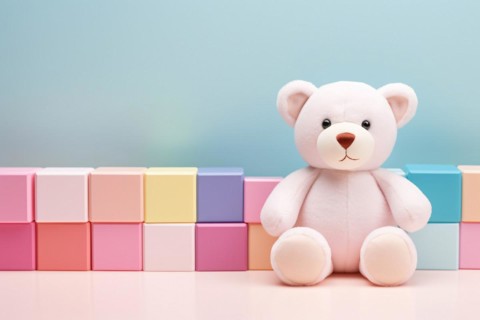 White teddy bear toy with bulding bricks on blue background. KI generiert, generiert, AI generated