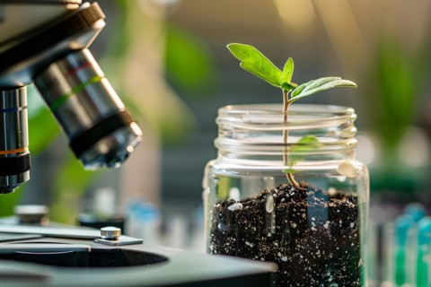 Plant seedling in research lab with microscope. Concept for biotechnology and genetic modification.