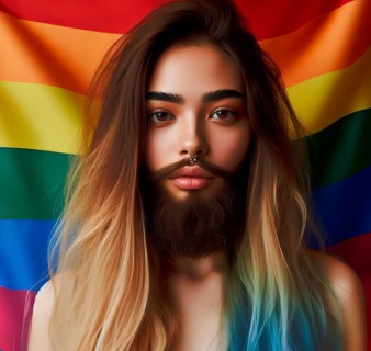 A person with a beard with male and female characteristics in front of the rainbow flag, symbol