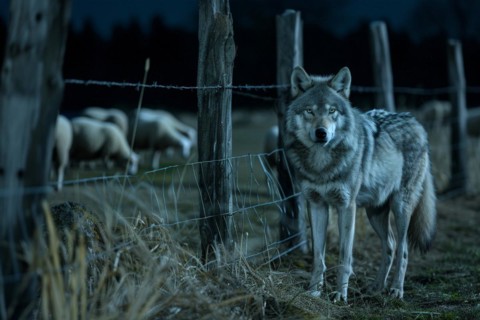 A wolf stands at a pasture fence at night and observes a grazing flock of sheep, symbolic image for