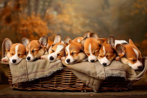 Litter of Cardigan Welsh corgis sleeping in a wicker basket, AI generated