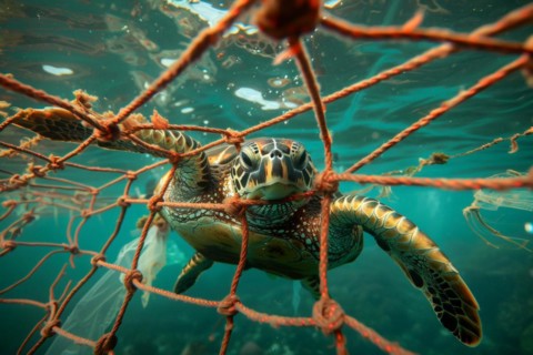 A sea turtle, hawksbill turtle caught in a fishing net, symbolic image for endangered species,