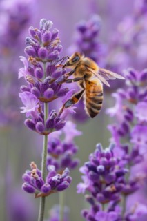 Bee, honey bee (Apis sp.) sitting on a lavender flower (Lavandula), AI generated, AI generated, AI