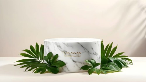 Marble stone podium stage with some green leaves for cosmetic beauty presentation, AI generated