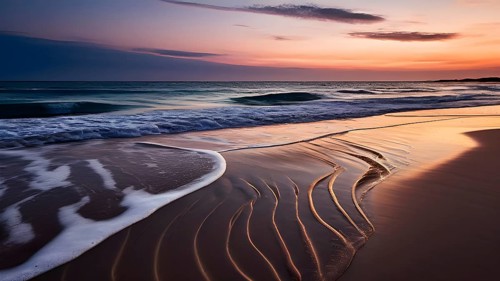 Sunset mood on a whispering tranquil costal landscape with sandy beach, AI generated