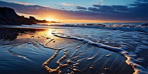 Sunset mood on a whispering tranquil costal landscape with sandy beach, AI generated