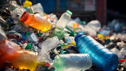 Plastic recycling process with shredded pet bottles and assorted plastic waste compressed, AI