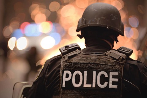 Back view of police officer with helmet and bulletproof vest. Generative Ai, AI generated