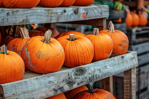 Many orange pumpkins on wooden racks at market. Generative Ai, AI generated