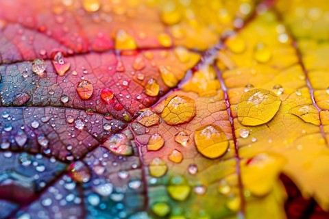 Water droplets on rainbow colored autumn leaves. Generative Ai, AI generated