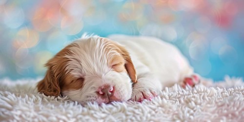 Cute young dog puppy sleeping on white blanket. Generative AI, AI generated