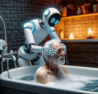 A humanoid robot washes an old man in a bathtub, symbolic image elderly care, nursing crisis, old