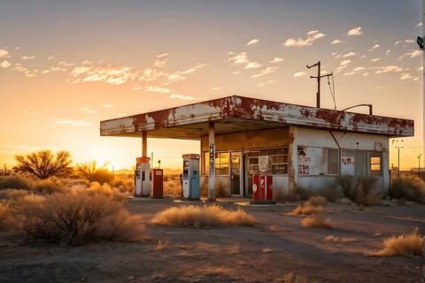 Abandoned retro gas station in the middle of a desert at sundown, with rusted gas pumps and an old