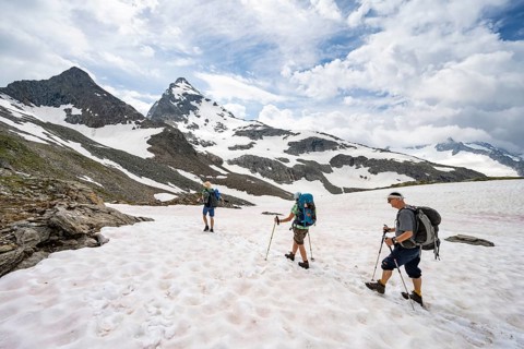 Three mountaineers crossing a snowfield, ascent to the Nördliche Mörchnerscharte, behind summit
