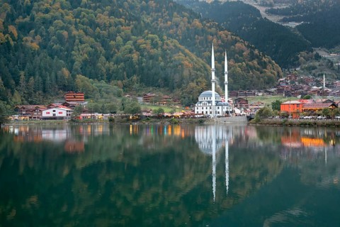 Uzungol mosque reflecting in the lake, Trabzon, Turkey, Asia