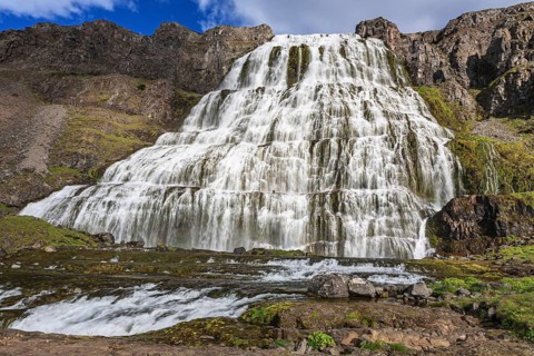 Waterfall, sunny, midday light, mountains, Dynjandi, Westfjords, Iceland, Europe