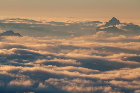 Mountain peaks above high fog, evening light, winter, view from Zugspitze to Hochvogel and Allgäu