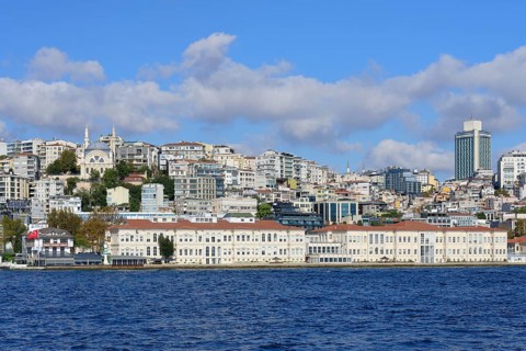 Skyline of Karakoy and Beyoglu viewed from the Bosphorus, Istanbul, Turkey, Asia