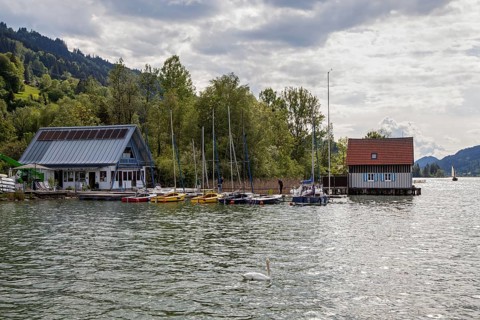 ArealBootshäuser in Bühl, Großer Alpsee, near Immenstadt, Oberallgäu, Allgäu, Bavaria, Germany,