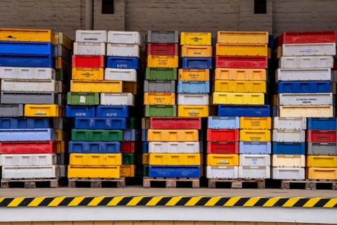 The town harbour of Sassnitz, island of Rügen, boxes of fish waiting for the new catch, at the