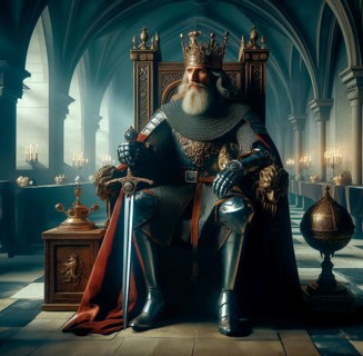 A medieval emperor with sword and crown on the throne, AI generated, AI generated