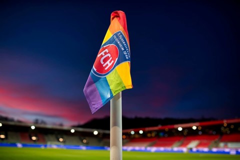 Stadium, interior, logo, 1. FC Heidenheim 1846, corner flag in LGBT colours Lesbian, Gay, Bisexual,