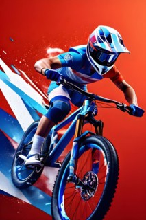 Bmx olympic cycling racer transformed into fluid abstract shapes french tricolor blue white red, AI
