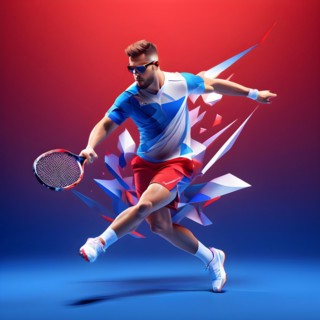 Abstract digital render of an olympic tennis player morphing into fluid shapes of french tricolor
