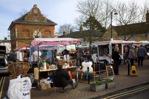 Street market, Market Hill, Woodbridge, Suffolk, England, UK