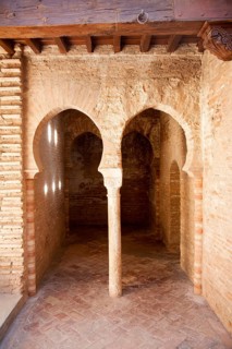 Moorish arches and decoration in the Mosque Baths of the Alhambra complex, Granada, Spain, Europe