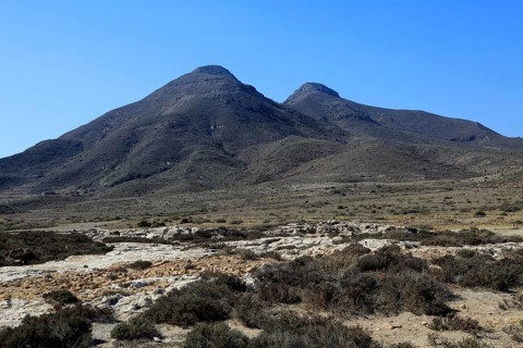 Los Frailes volcanoes from Los Escullos, Cabo de Gata national park, Almeria, Spain, Europe