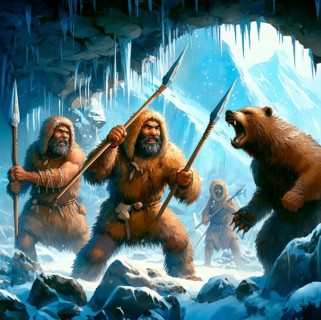 Prehistory, prehistoric times, ice age, an extinct cave bear is attacked by ice age hunters, AI