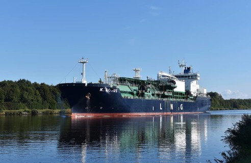 Tanker K.Lotus travelling through the Kiel Canal, Kiel Canal, Schleswig-Holstein, Germany, Europe