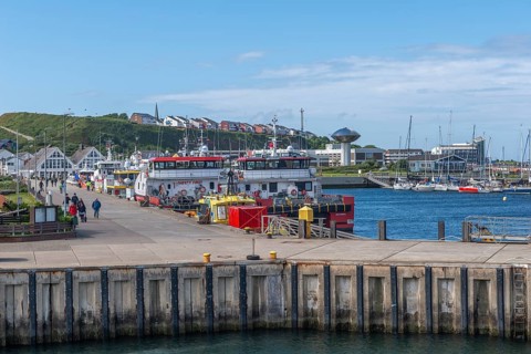 Inland harbour with sailing yachts and offshore supply vessels, Helgoländer Oberland, pier,
