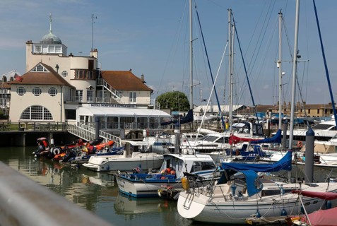 Yachts at moorings in harbour of Royal Norfolk and Suffolk yacht Club, Lowestoft, Suffolk, England,