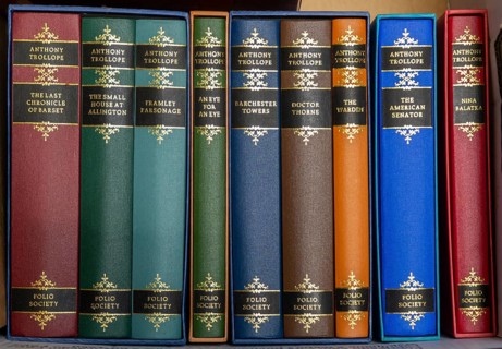 Folio Society books editions of Anthony Trollope novels viewed from above looking down, UK