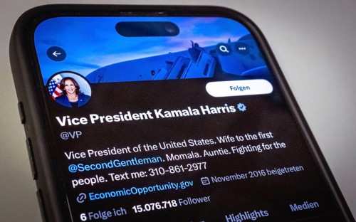 Official Twitter profile of Vice President of the USA Kamala Harris on a smartphone screen