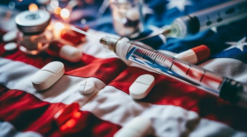 Painkiller epidemic in the US, tablets, needles and syringes lying on American flag, AI generated