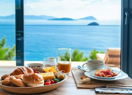 Breakfast with the scenic ocean view on vacation, AI generated