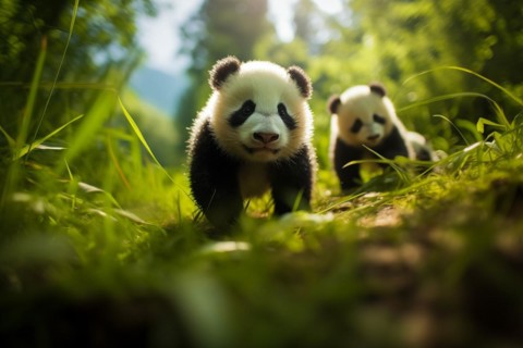 Cute panda cubs in a lush bamboo grove, The image showcases the beauty and serenity of nature and