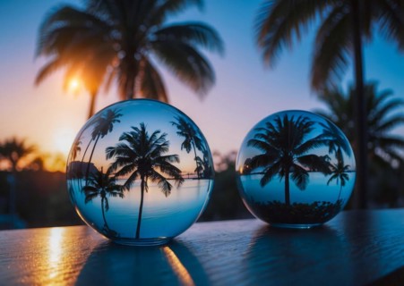 A hand holding a glass sphere with a palm tree reflected in it. The scene is set on a beach at