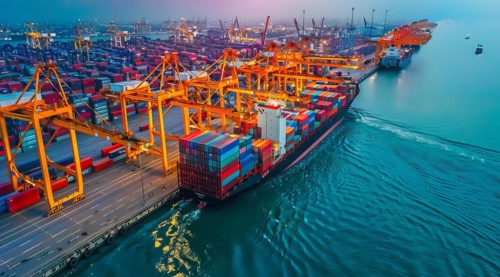 International container cargo ships docked in port near warehouse storage and cranes, AI generated
