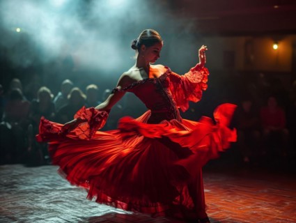Passionate spanish gypsy national culture dance flamenco performed by a female dancer, AI generated