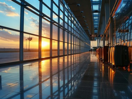 Passenger travel suitcases and bags in the airport terminal, concept of travel and vacation, AI