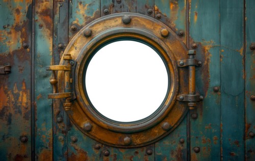 Vintage aged brass ship porthole mounted on a wooden hull with a white background. generative AI,