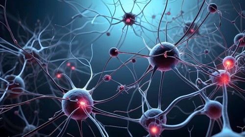 Abstract microscopic view on nerve cells intermingled with cancer cell, AI generated
