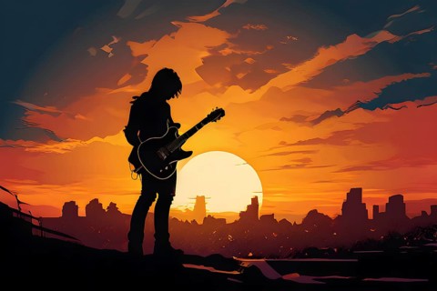 Illustration of a rock star silhouette clutching guitar against abstract urban skyline morphing