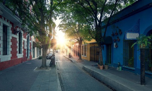 Mexico, Mazatlan, Colorful old city streets in historic city center near El Malecon and ocean